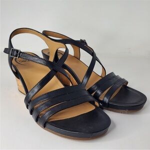 Abeo Black Loretta Leather Strappy Cork Wedge Sandals NWOT Size 9WM *Small Flaw*